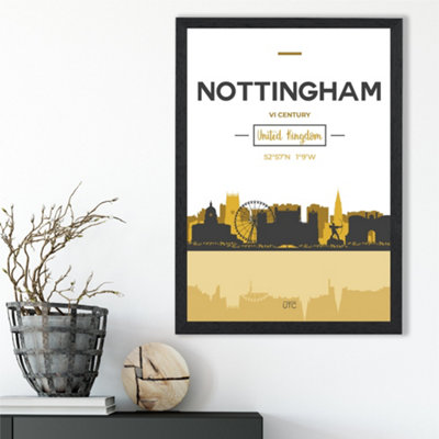 Artze Wall Art Nottingham Yellow And Black City Skyline Framed Print Size: A3 With Black Frame from B&Q