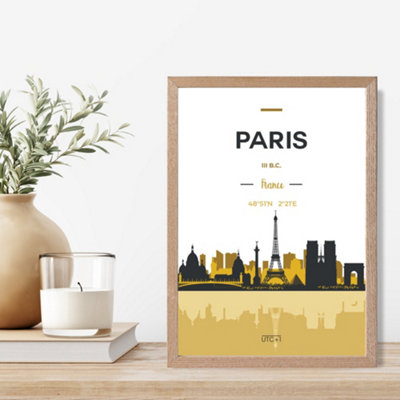 Artze Wall Art Paris Yellow And Black City Skyline Framed Print Size: A4 With Oak Frame from B&Q