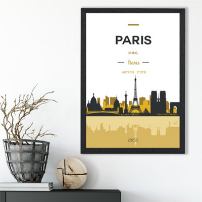 Artze Wall Art Paris Yellow And Black City Skyline Framed Print Size: A3 With Black Frame from B&Q