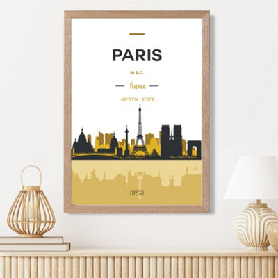 Artze Wall Art Paris Yellow And Black City Skyline Framed Print Size: A3 With Oak Frame from B&Q
