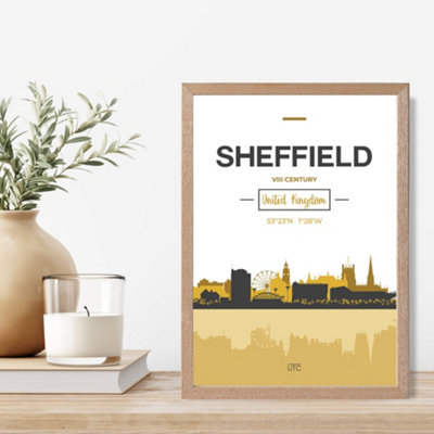 Artze Wall Art Sheffield Yellow And Black City Skyline Framed Print Size: A4 With Oak Frame from B&Q
