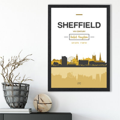 Artze Wall Art Sheffield Yellow And Black City Skyline Framed Print Size: A3 With Black Frame from B&Q