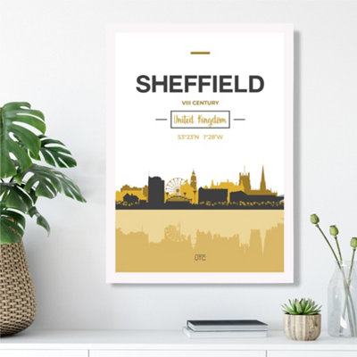 Artze Wall Art Sheffield Yellow And Black City Skyline Framed Print Size: A3 With White Frame from B&Q