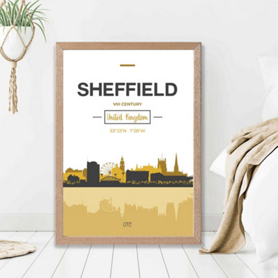 Artze Wall Art Sheffield Yellow And Black City Skyline Framed Print Size: A2 With Oak Frame from B&Q