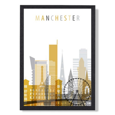 Artze Wall Art Manchester Yellow And Grey City Skyline Art Print With Black Frame Size: A4 from B&Q