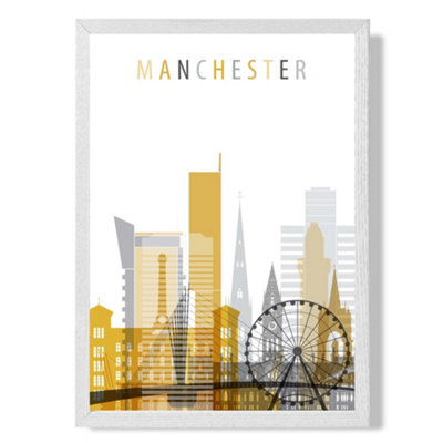 Artze Wall Art Manchester Yellow And Grey City Skyline Art Print With White Frame Size: A4 from B&Q