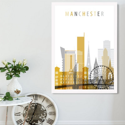 Artze Wall Art Manchester Yellow And Grey City Skyline Framed Print Size: A2 With White Frame from B&Q