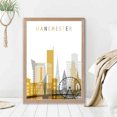 Artze Wall Art Manchester Yellow And Grey City Skyline Framed Print Size: A2 With Oak Frame from B&Q