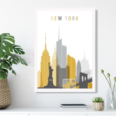 Artze Wall Art New York Yellow And Grey City Skyline Framed Print Size: A3 With White Frame from B&Q