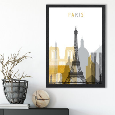 Artze Wall Art Paris Yellow And Grey City Skyline Framed Print Size: A3 With Black Frame from B&Q