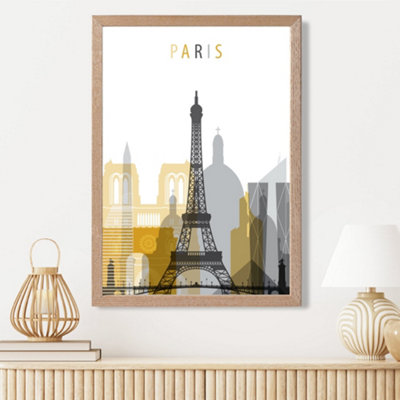 Artze Wall Art Paris Yellow And Grey City Skyline Framed Print Size: A3 With Oak Frame from B&Q