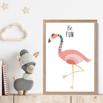 Artze Wall Art Be Fun Flamingo Tribal Animal Quote Framed Print Size: A4 With Oak Frame from B&Q