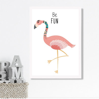 Artze Wall Art Be Fun Flamingo Tribal Animal Quote Framed Print Size: A3 With White Frame from B&Q