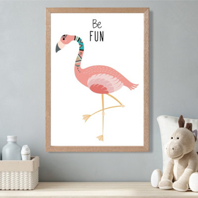 Artze Wall Art Be Fun Flamingo Tribal Animal Quote Framed Print Size: A3 With Oak Frame from B&Q