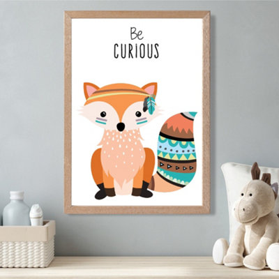 Artze Wall Art Be Curious Fox Tribal Animal Quote Framed Print Size: A3 With Oak Frame from B&Q