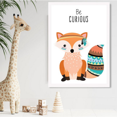 Artze Wall Art Be Curious Fox Tribal Animal Quote Framed Print Size: A2 With White Frame from B&Q