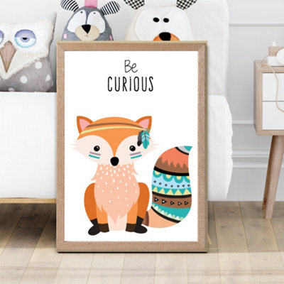 Artze Wall Art Be Curious Fox Tribal Animal Quote Framed Print Size: A2 With Oak Frame from B&Q
