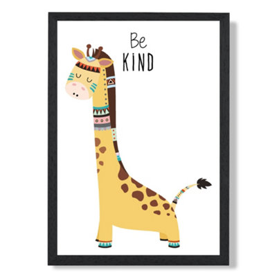 Artze Wall Art Be Kind Giraffe Tribal Animal Quote Art Print With Black Frame Size: A4 from B&Q