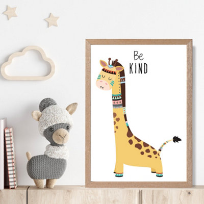 Artze Wall Art Be Kind Giraffe Tribal Animal Quote Framed Print Size: A4 With Oak Frame from B&Q