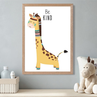 Artze Wall Art Be Kind Giraffe Tribal Animal Quote Framed Print Size: A3 With Oak Frame from B&Q