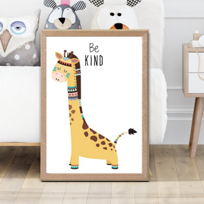 Artze Wall Art Be Kind Giraffe Tribal Animal Quote Framed Print Size: A2 With Oak Frame from B&Q