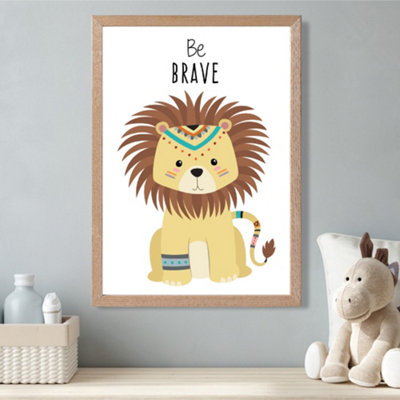 Artze Wall Art Be Brave Lion Tribal Animal Quote Framed Print Size: A3 With Oak Frame from B&Q