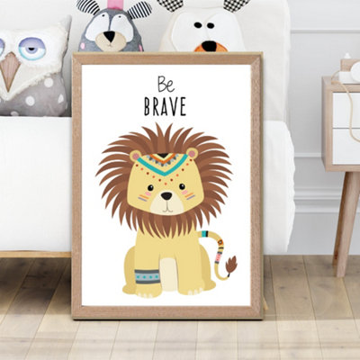 Artze Wall Art Be Brave Lion Tribal Animal Quote Framed Print Size: A2 With Oak Frame from B&Q
