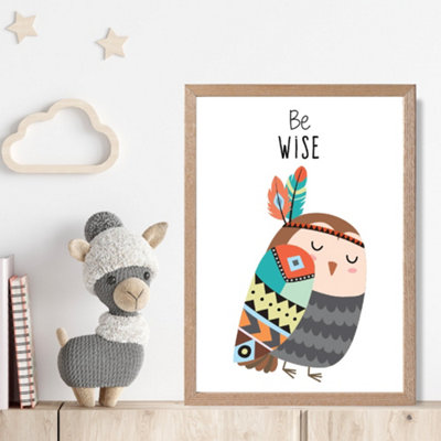 Artze Wall Art Be Wise Owl Tribal Animal Quote Framed Print Size: A4 With Oak Frame from B&Q