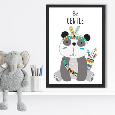 Artze Wall Art Be Gentle Panda Tribal Animal Quote Framed Print Size: A3 With Black Frame from B&Q