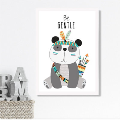 Artze Wall Art Be Gentle Panda Tribal Animal Quote Framed Print Size: A3 With White Frame from B&Q