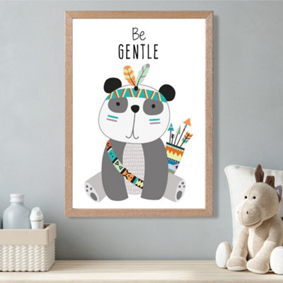 Artze Wall Art Be Gentle Panda Tribal Animal Quote Framed Print Size: A3 With Oak Frame from B&Q
