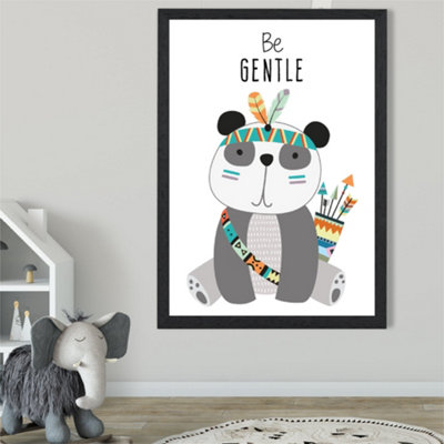 Artze Wall Art Be Gentle Panda Tribal Animal Quote Framed Print Size: A2 With Black Frame from B&Q