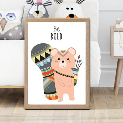 Artze Wall Art Be Bold Squirrel Tribal Animal Quote Framed Print Size: A2 With Oak Frame from B&Q