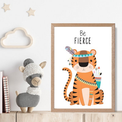 Artze Wall Art Be Fierce Tiger Tribal Animal Quote Framed Print Size: A4 With Oak Frame from B&Q