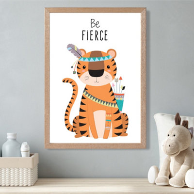 Artze Wall Art Be Fierce Tiger Tribal Animal Quote Framed Print Size: A3 With Oak Frame from B&Q