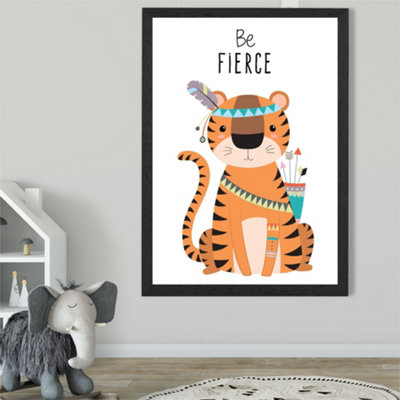 Artze Wall Art Be Fierce Tiger Tribal Animal Quote Framed Print Size: A2 With Black Frame from B&Q
