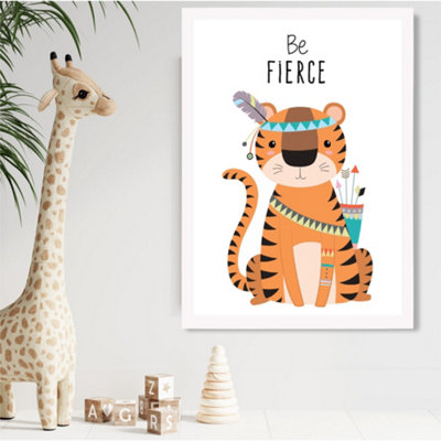 Artze Wall Art Be Fierce Tiger Tribal Animal Quote Framed Print Size: A2 With White Frame from B&Q