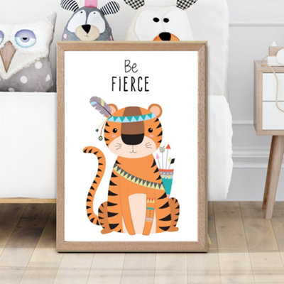 Artze Wall Art Be Fierce Tiger Tribal Animal Quote Framed Print Size: A2 With Oak Frame from B&Q