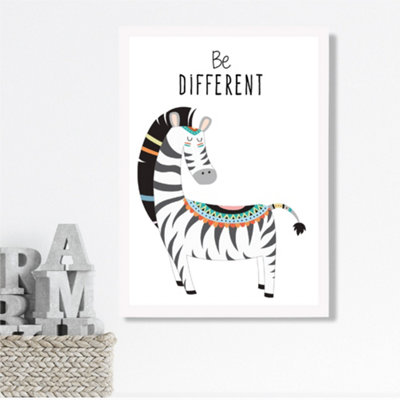 Artze Wall Art Be Different Zebra Tribal Animal Quote Framed Print Size: A3 With White Frame from B&Q