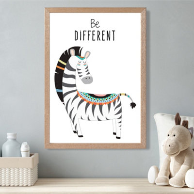 Artze Wall Art Be Different Zebra Tribal Animal Quote Framed Print Size: A3 With Oak Frame from B&Q