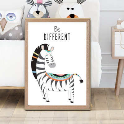 Artze Wall Art Be Different Zebra Tribal Animal Quote Framed Print Size: A2 With Oak Frame from B&Q