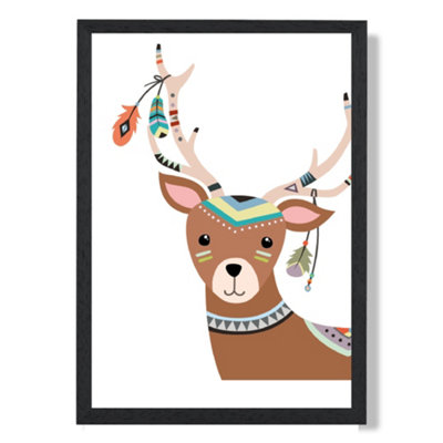 Artze Wall Art Peeking Deer Tribal Animal Art Print With Black Frame Size: A4 from B&Q