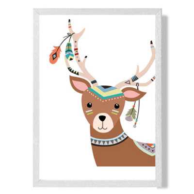 Artze Wall Art Peeking Deer Tribal Animal Art Print With White Frame Size: A4 from B&Q
