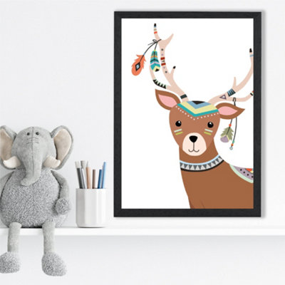 Artze Wall Art Peeking Deer Tribal Animal Framed Print Size: A3 With Black Frame from B&Q