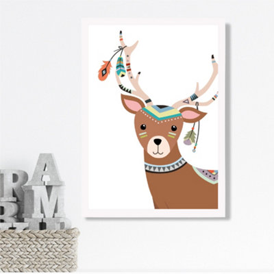 Artze Wall Art Peeking Deer Tribal Animal Framed Print Size: A3 With White Frame from B&Q