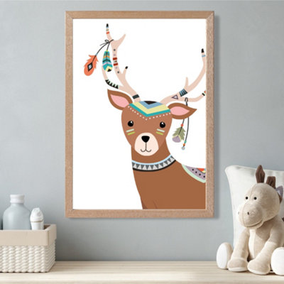 Artze Wall Art Peeking Deer Tribal Animal Framed Print Size: A3 With Oak Frame from B&Q