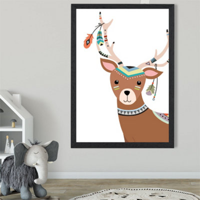 Artze Wall Art Peeking Deer Tribal Animal Framed Print Size: A2 With Black Frame from B&Q