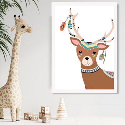 Artze Wall Art Peeking Deer Tribal Animal Framed Print Size: A2 With White Frame from B&Q