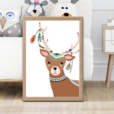 Artze Wall Art Peeking Deer Tribal Animal Framed Print Size: A2 With Oak Frame from B&Q