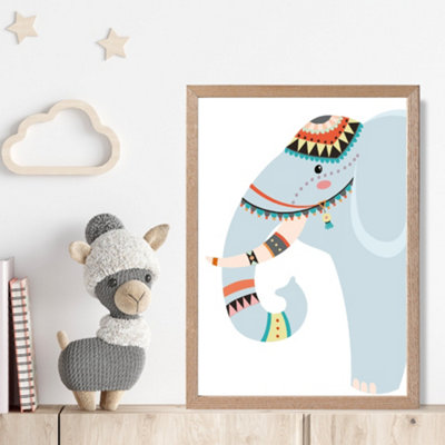 Artze Wall Art Peeking Elephant Tribal Animal Framed Print Size: A4 With Oak Frame from B&Q